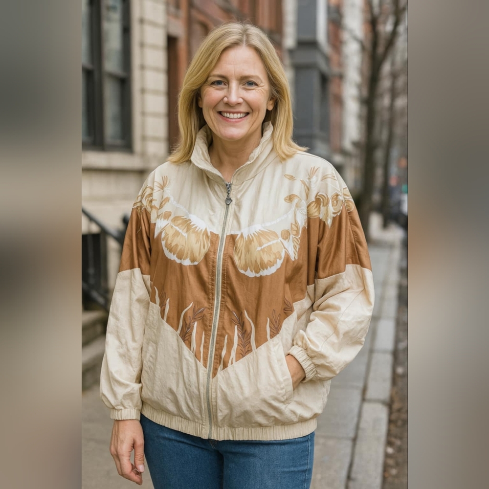 LAVON Cream and Brown Bomber Jacket  Classic Style 90s  Y2k Windbreaker NWT L